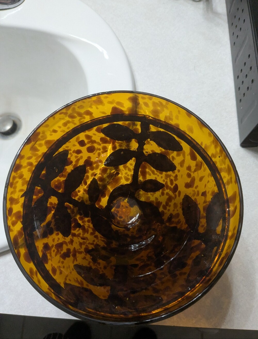 Amber Glass Decorative Bowl with Leaf Motif